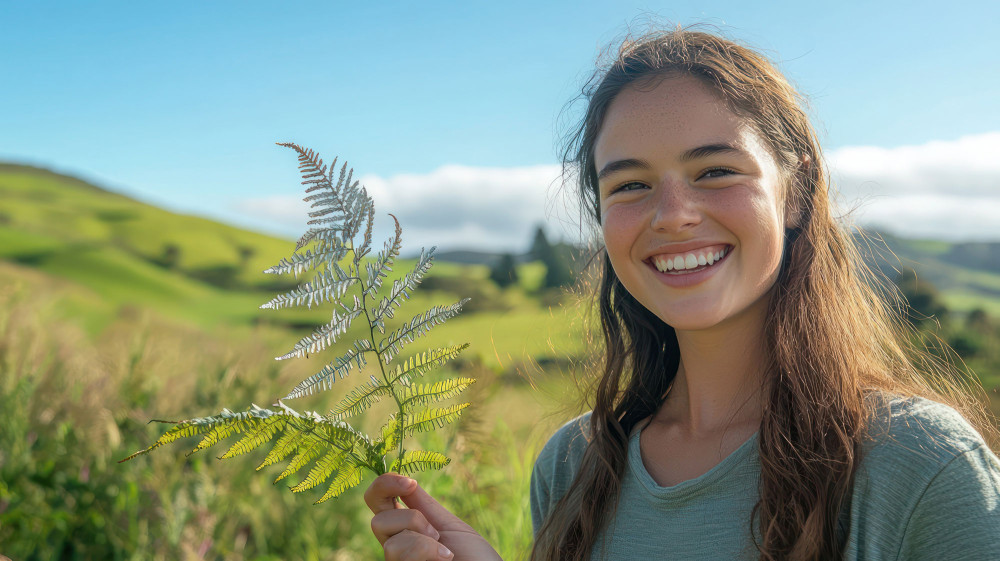 girl holding fern